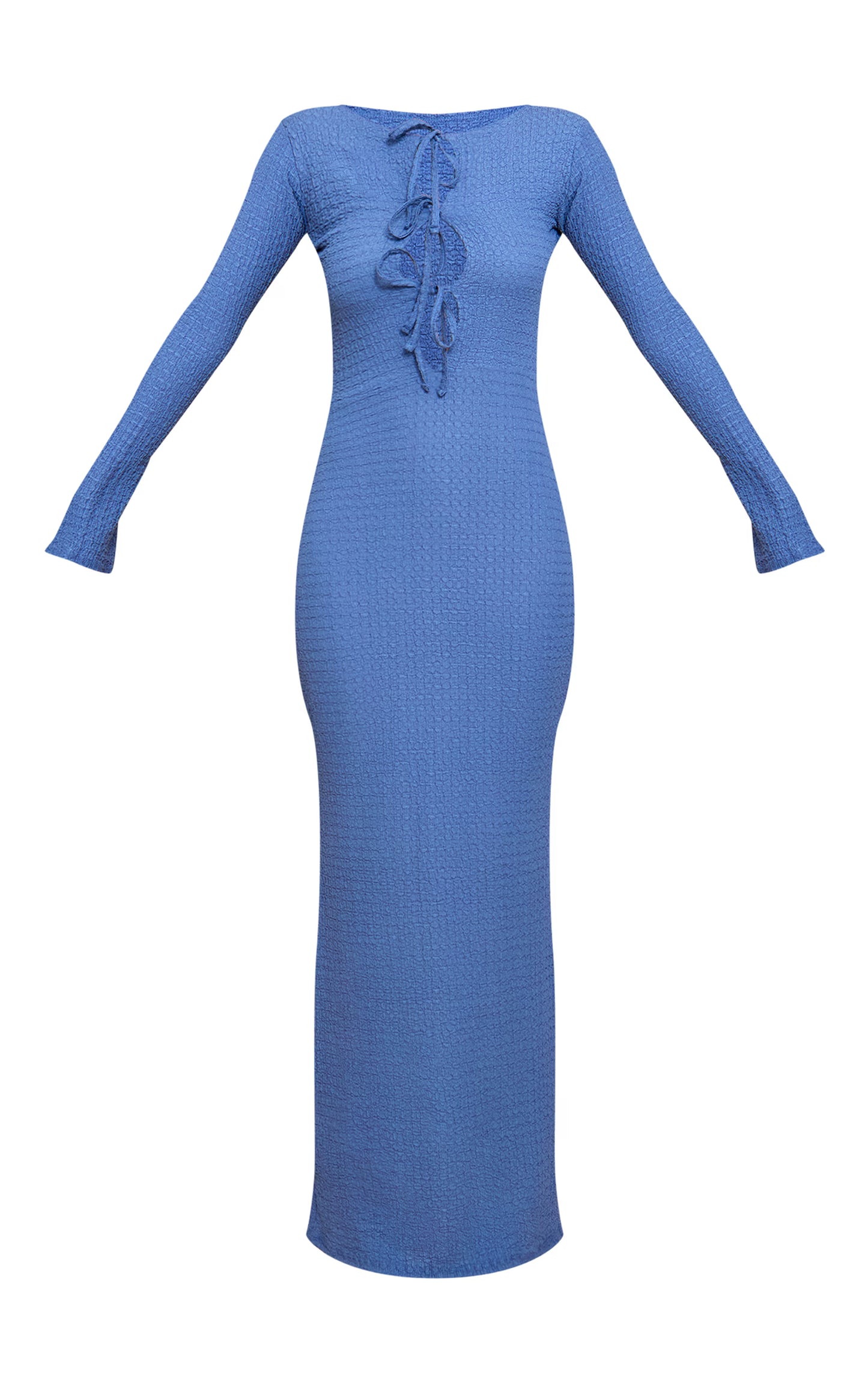 Blue Textured Tie Detail Long Sleeve Maxi Dress