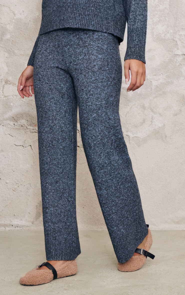Charcoal Blue Luxe Knit Wide Leg Pants