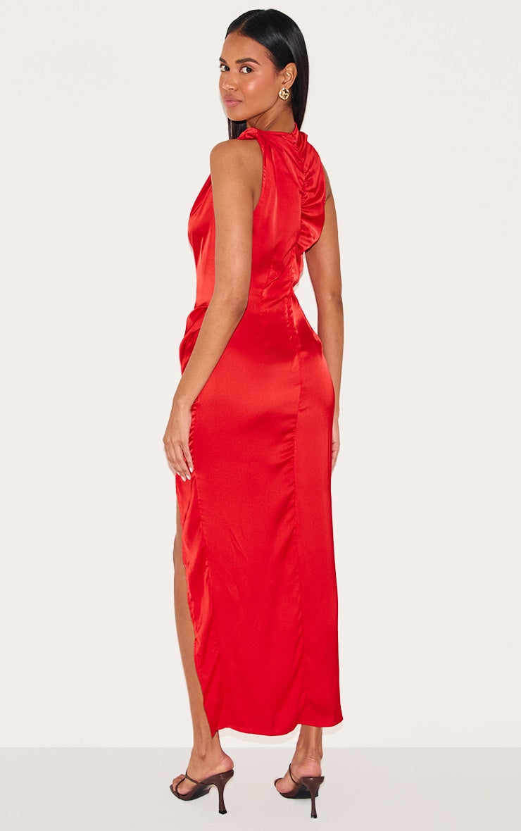 Red Satin High Neck Ruched Back Detail Midi Dress
