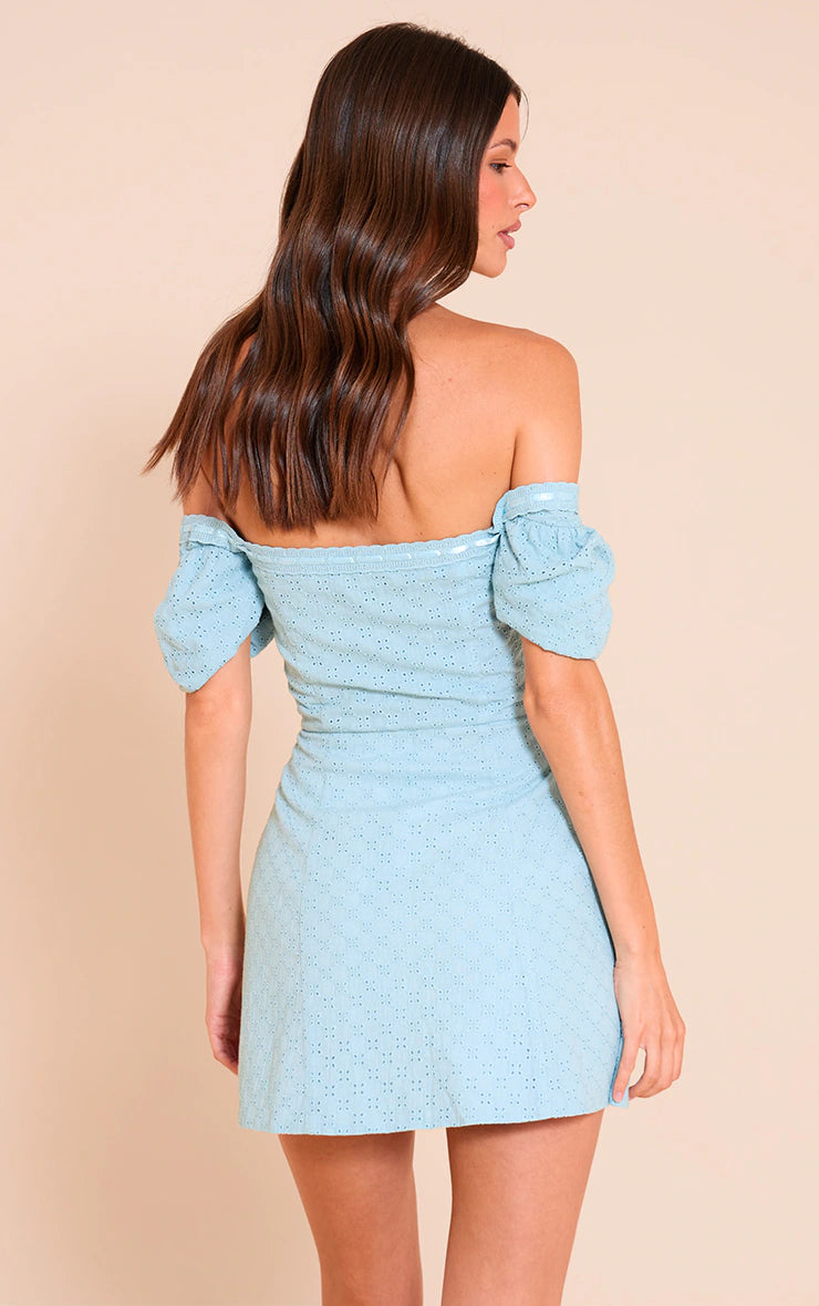 Baby Blue Broderie Puff Sleeve A-line Mini Dress
