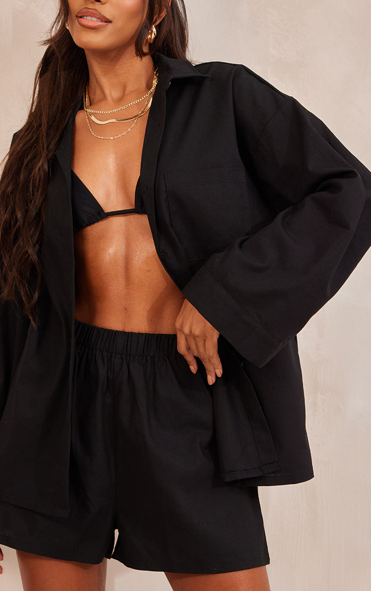 Black Woven Elastic Waist Floaty Shorts