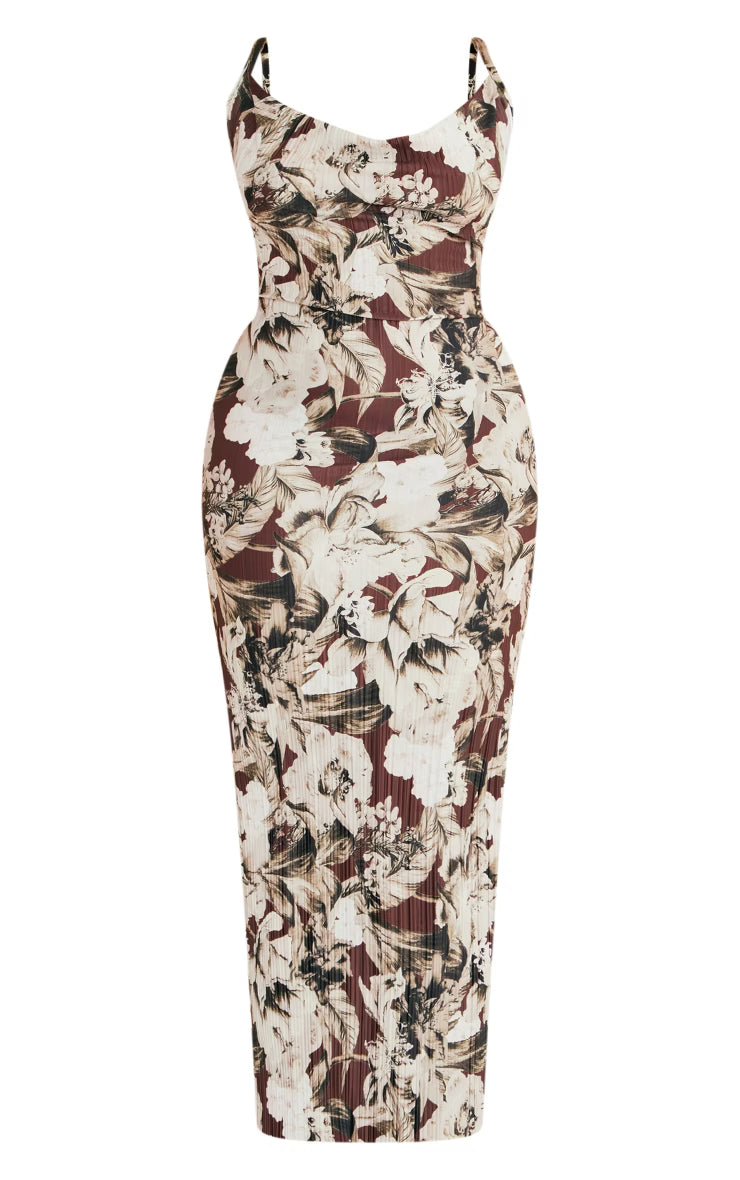Plus Brown Floral Printed Plisse Cowl Neck Maxi Dress