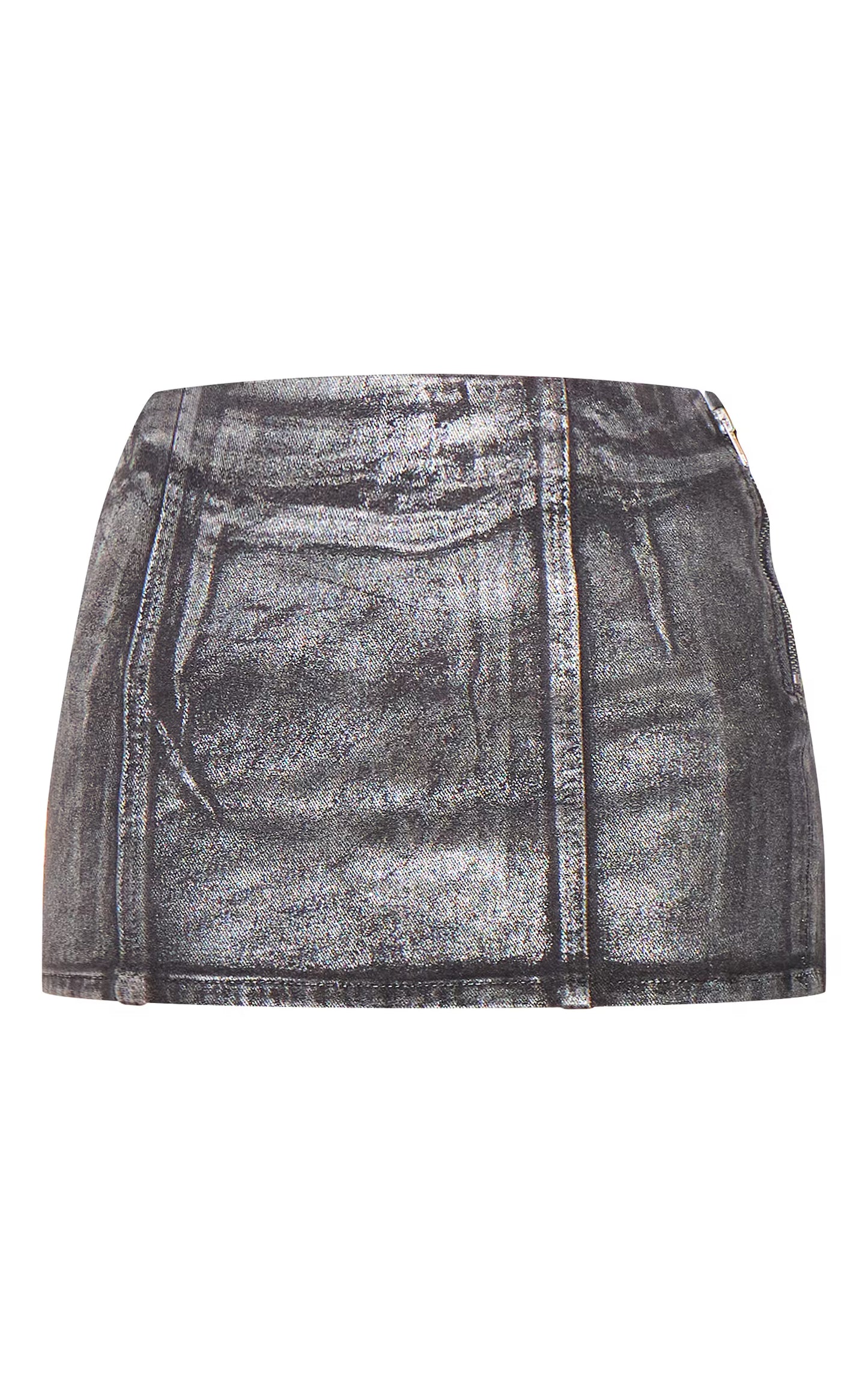 Black Silver Metallic Foil Effect Denim Mini Skirt