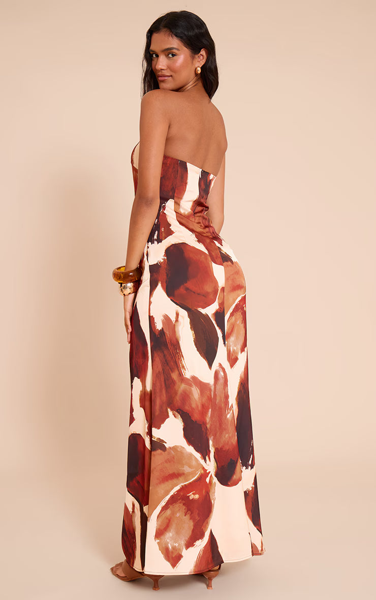 Brown Floral Satin Bandeau Maxi Dress