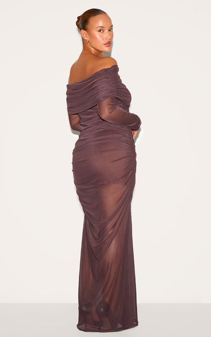 Plus Dark Chocolate Mesh Overlay Long Sleeve Bardot Maxi Dress