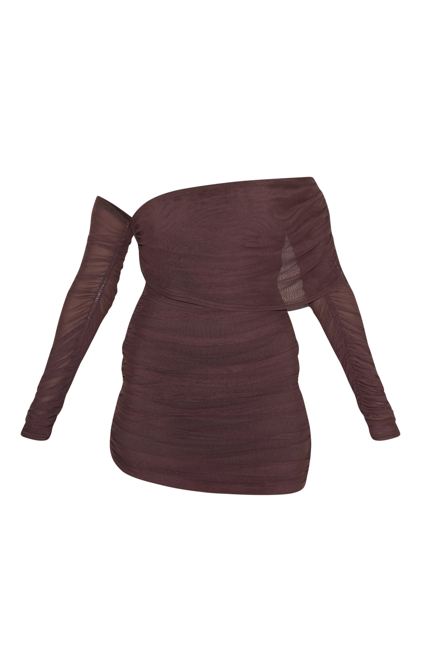 Chocolate Layered Mesh Asymmetric Long Sleeve Mini Dress