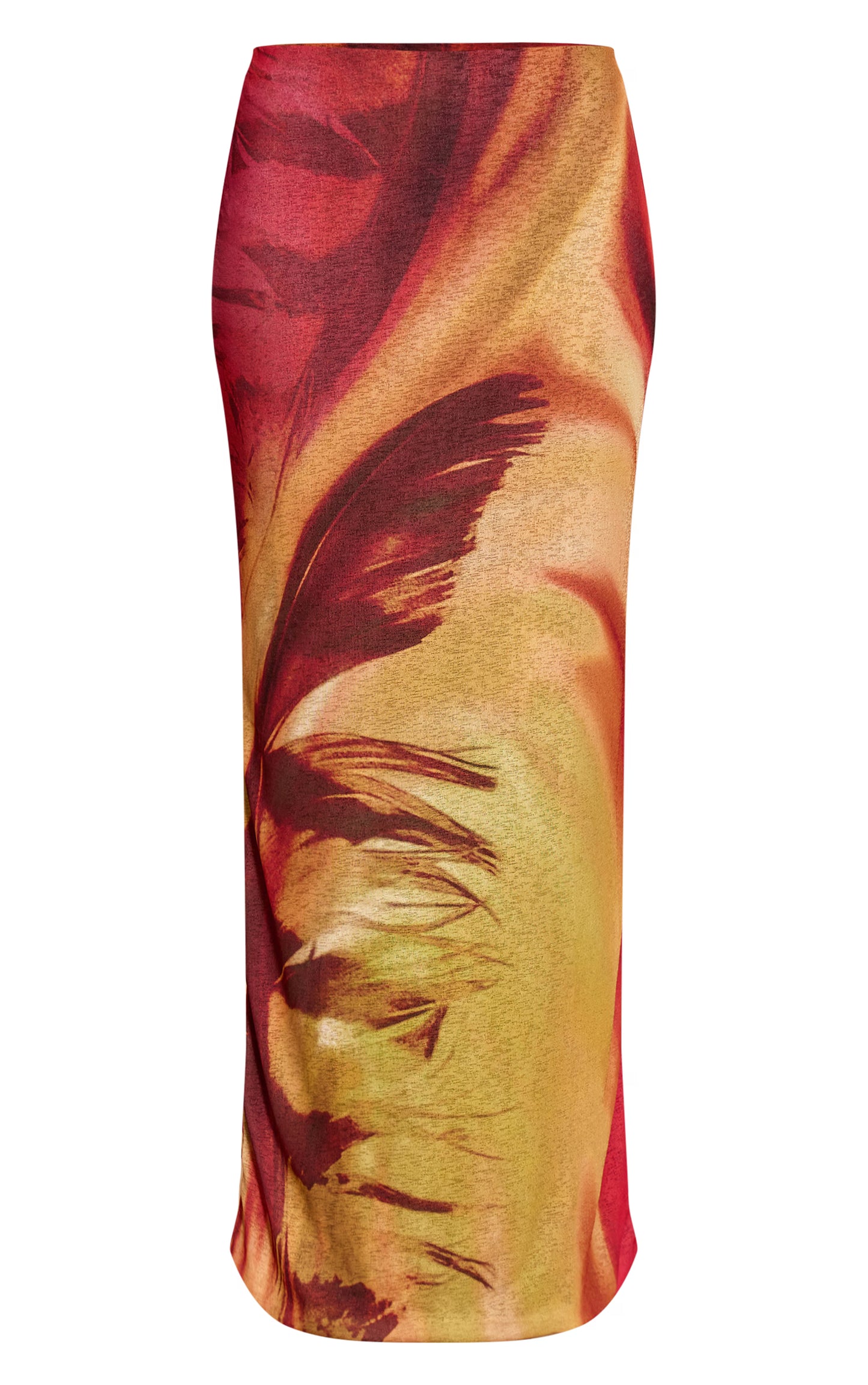 Multi Feather Print Onion Skin Low Rise Maxi Skirt