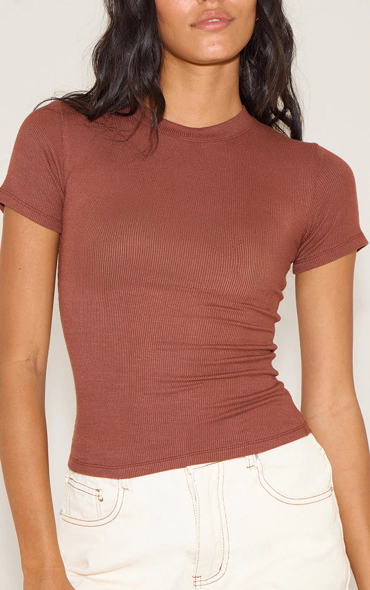 Chocolate Soft Rib Crew Neck Short Sleeve Top