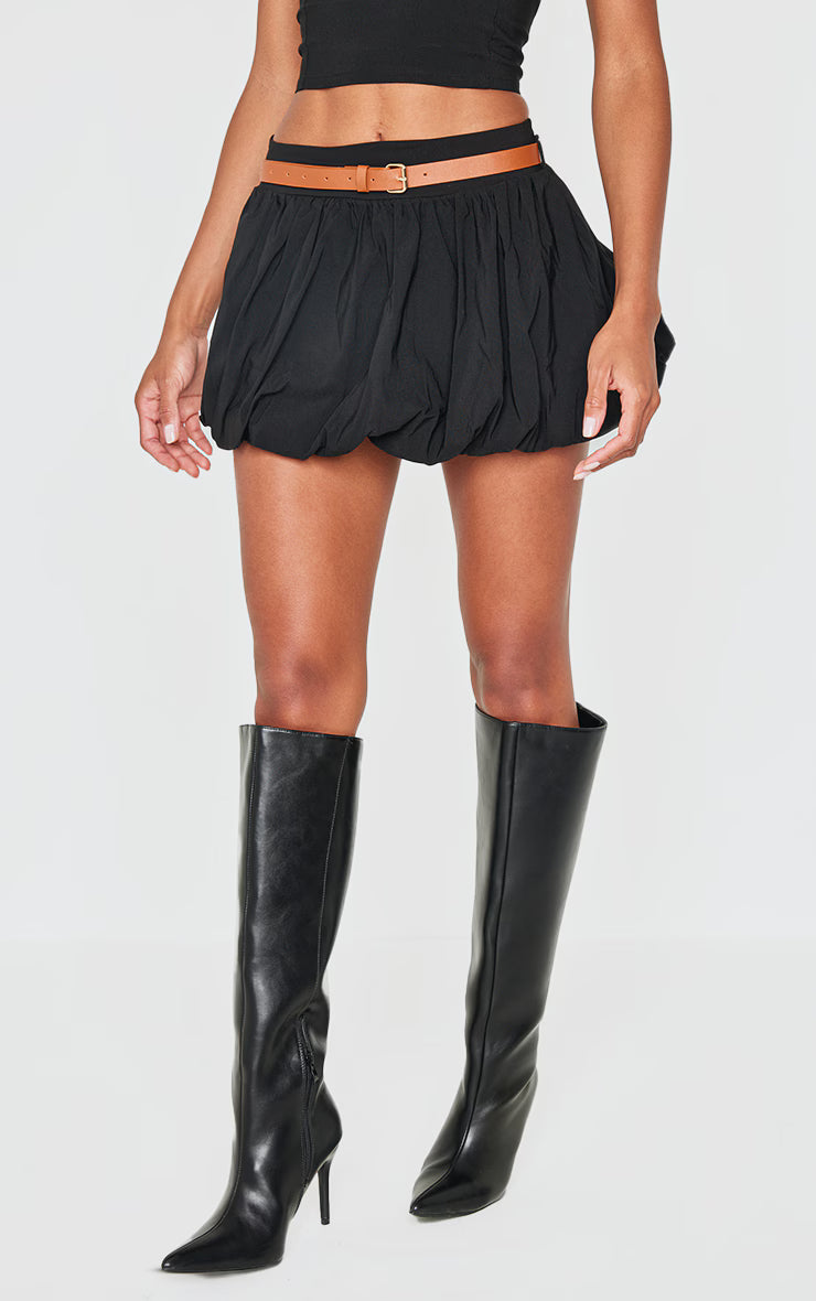 Black Woven Belted Puff Ball Skirt