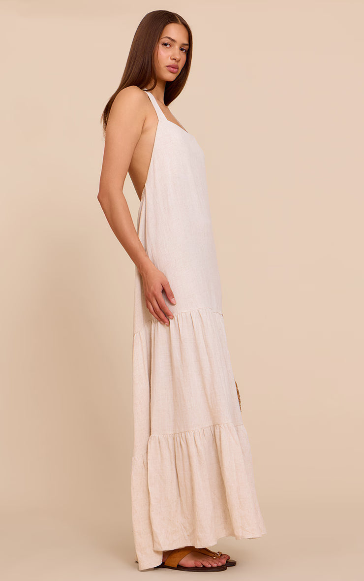 Natural Textured Halterneck Drop Waist Maxi Dress