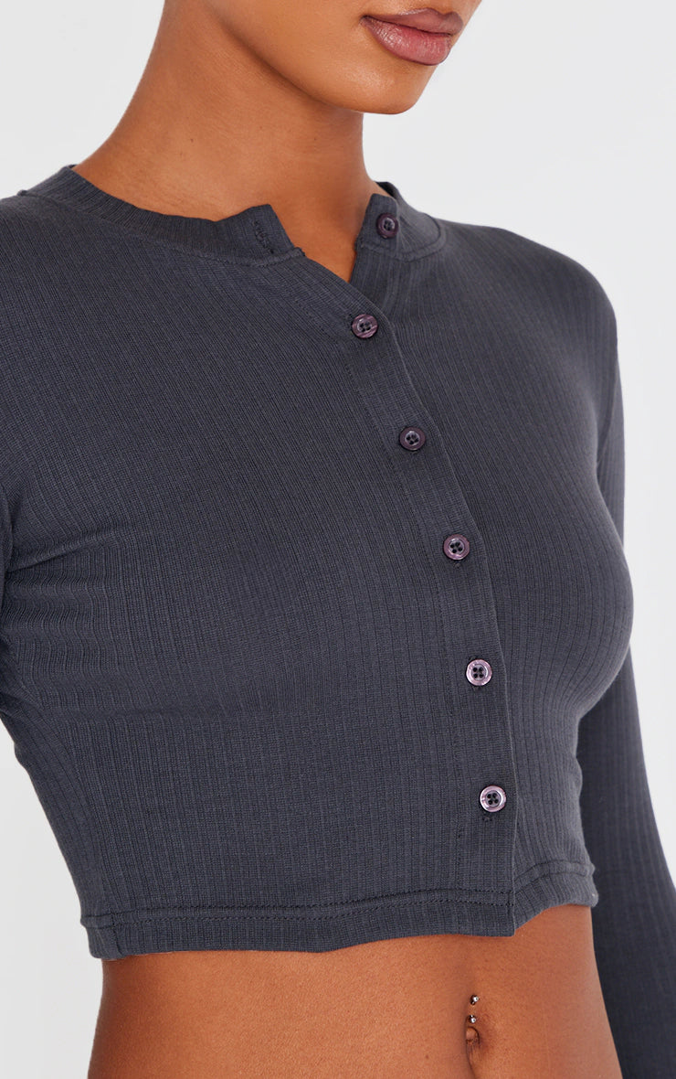 Charcoal Ribbed Button Down Detail Long Sleeve Top