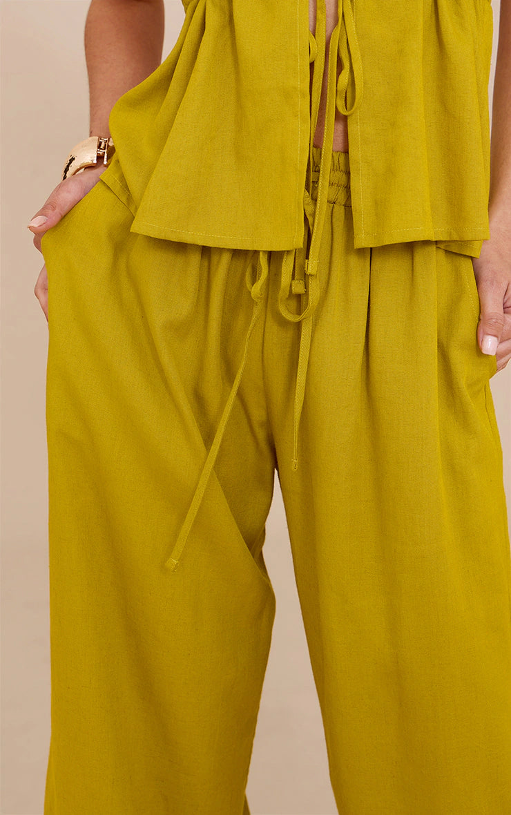 Deep Mustard Linen Look Drawstring Wide Leg Pants