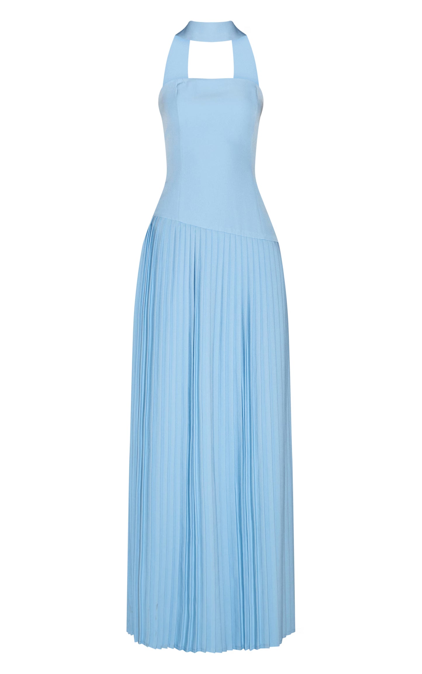 Pale Blue Woven Asymmetric Pleated Maxi Dress