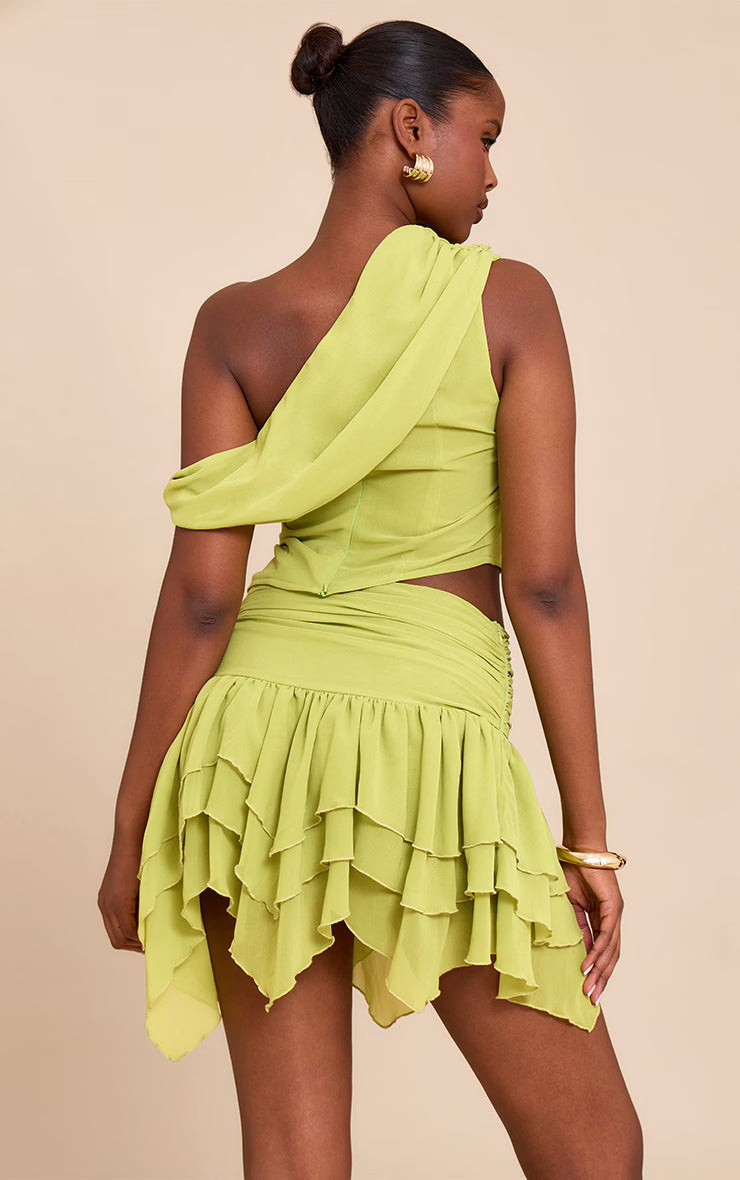 Green Drape Detail Asymmetric Chiffon Top