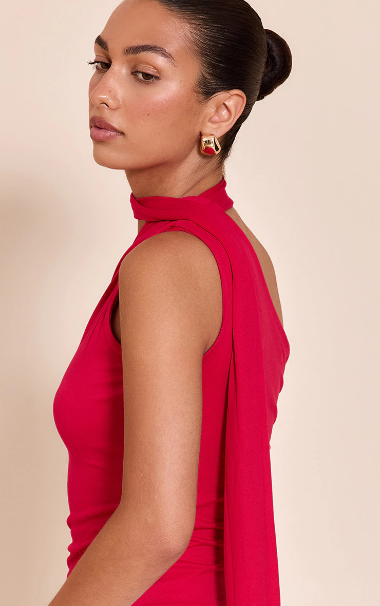 Tomato Red Double Layer Soft Touch Scarf Detail Long Top