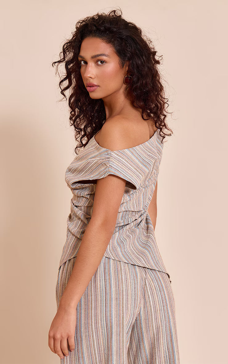 Multi Textured Stripe One Shoulder Asymmetric Long Top