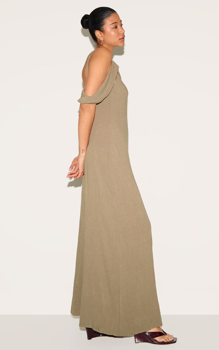 Khaki Textured Strappy Drape Detail Maxi Dress
