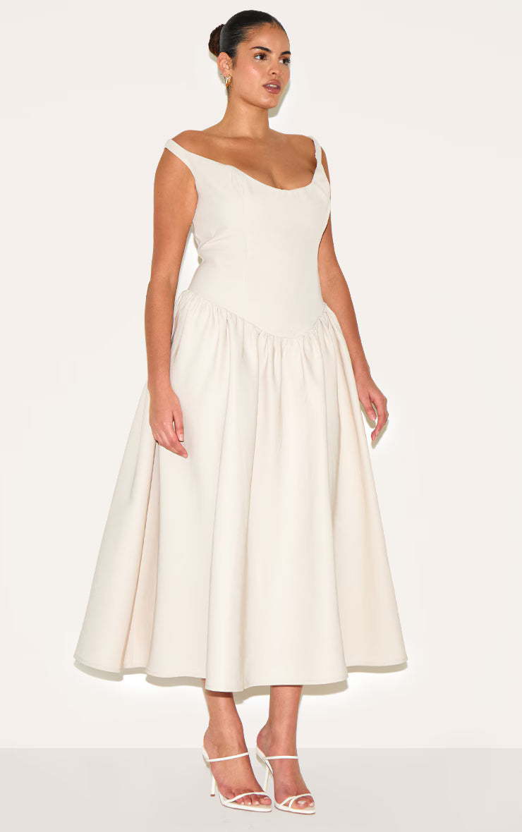Plus Cream Woven Dipped Bardot Ruched Midaxi Dress