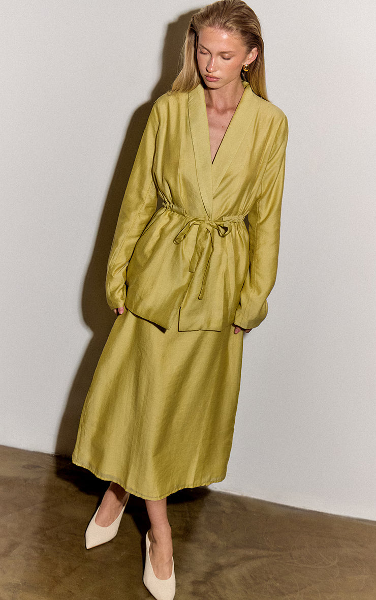Pale Chartreuse Sheer Organza Tie Cinched Blazer