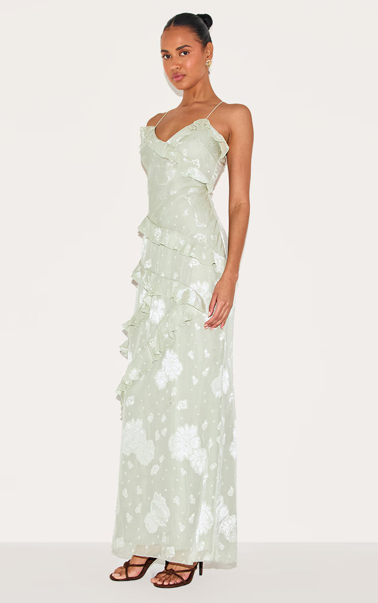 Sage Green Embroidered Frill Maxi Dress