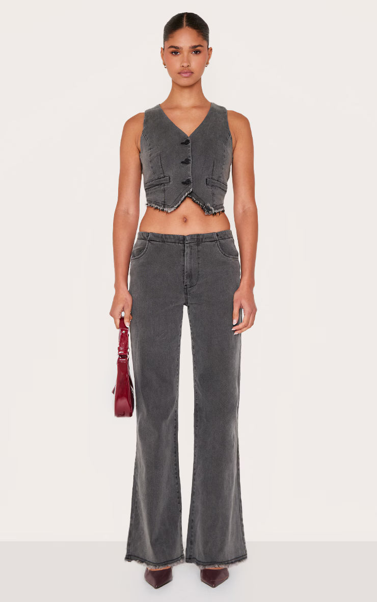 Washed Black Raw Hem Cut Out Back Denim Vest