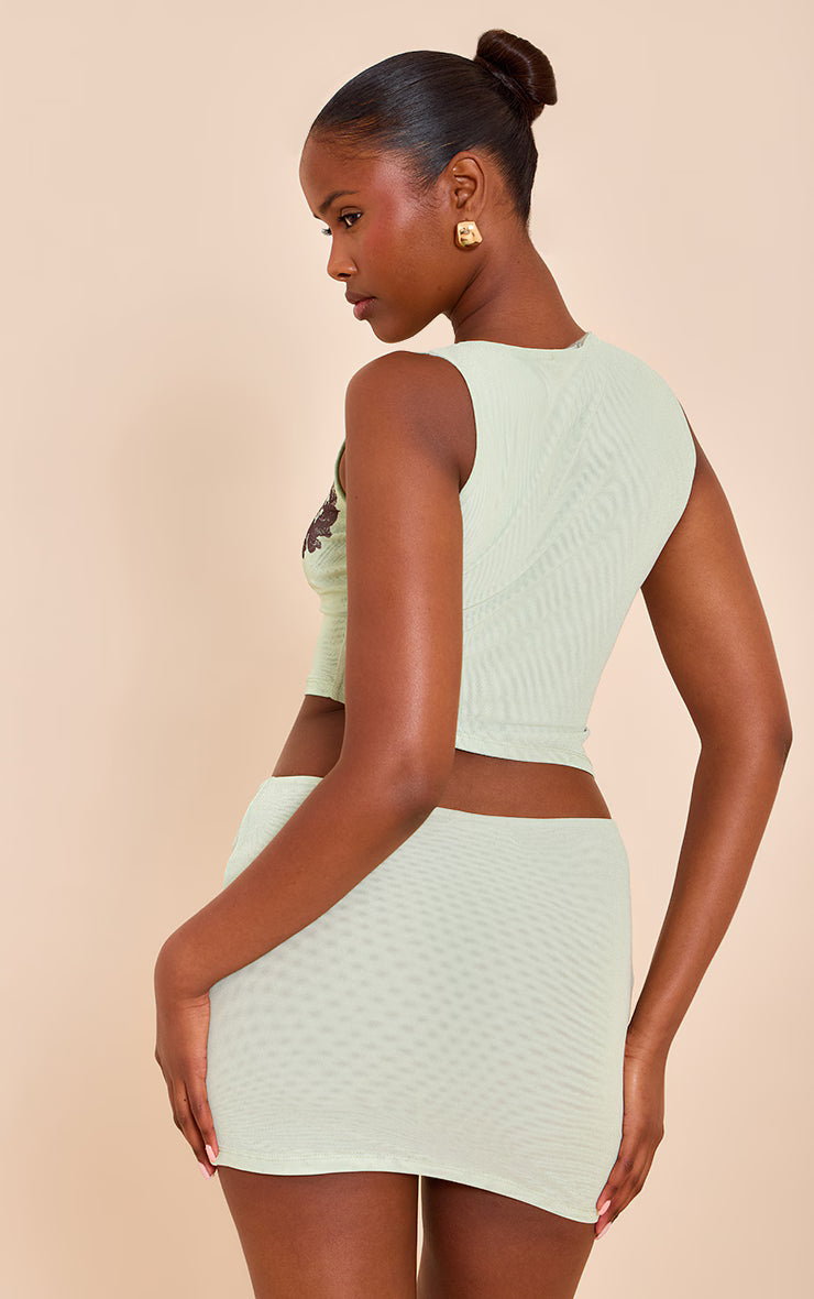 Mint Floral Printed Lined Mesh Crop Top