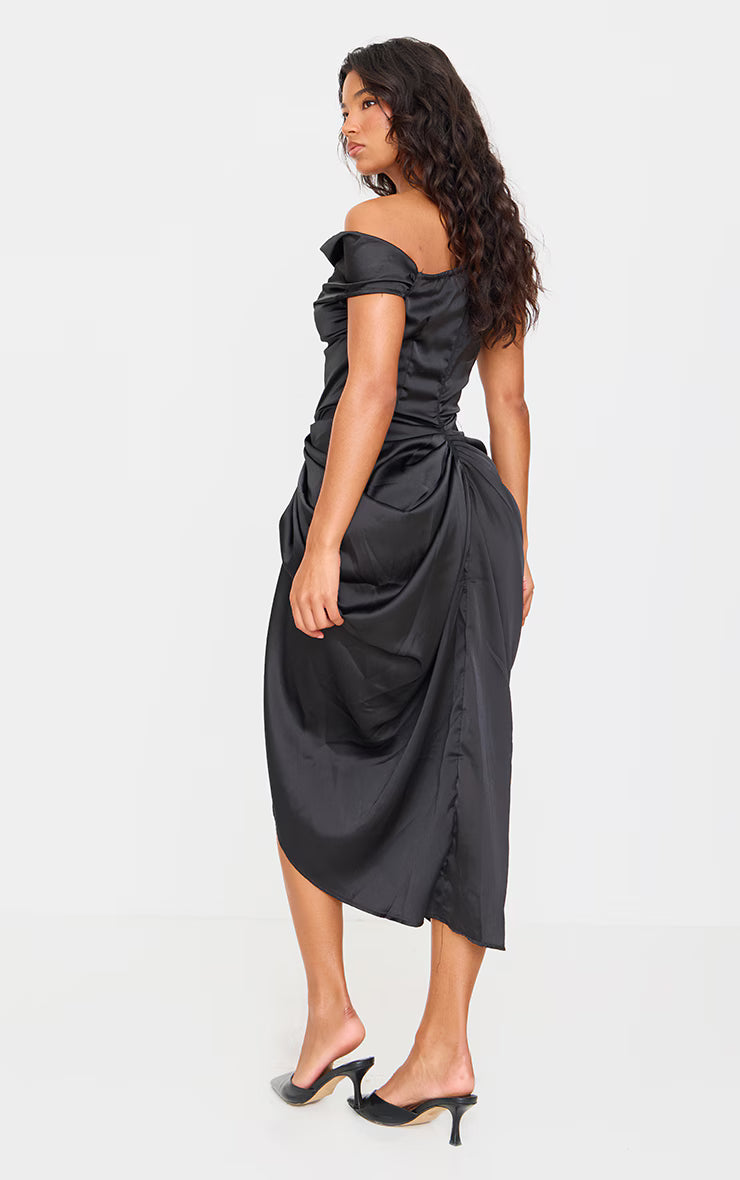 Black Satin Off The Shoulder Draped Skirt Midi Dress