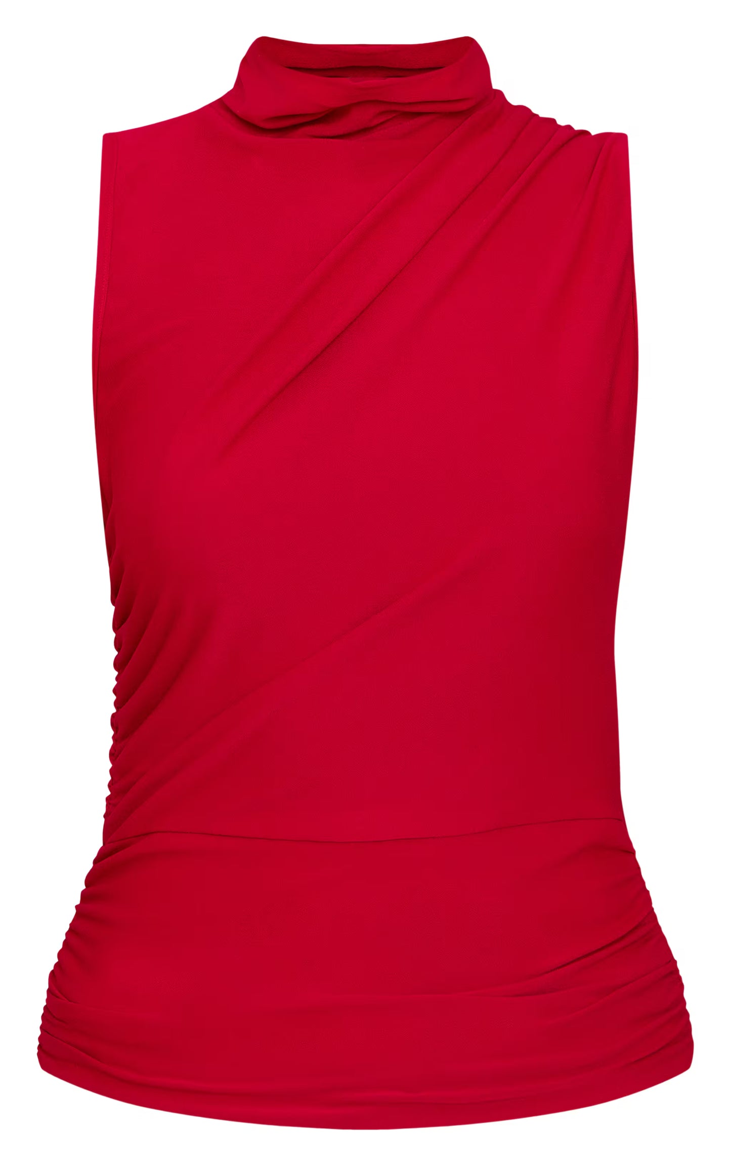 Red Soft Touch Ruched Side High Neck Top
