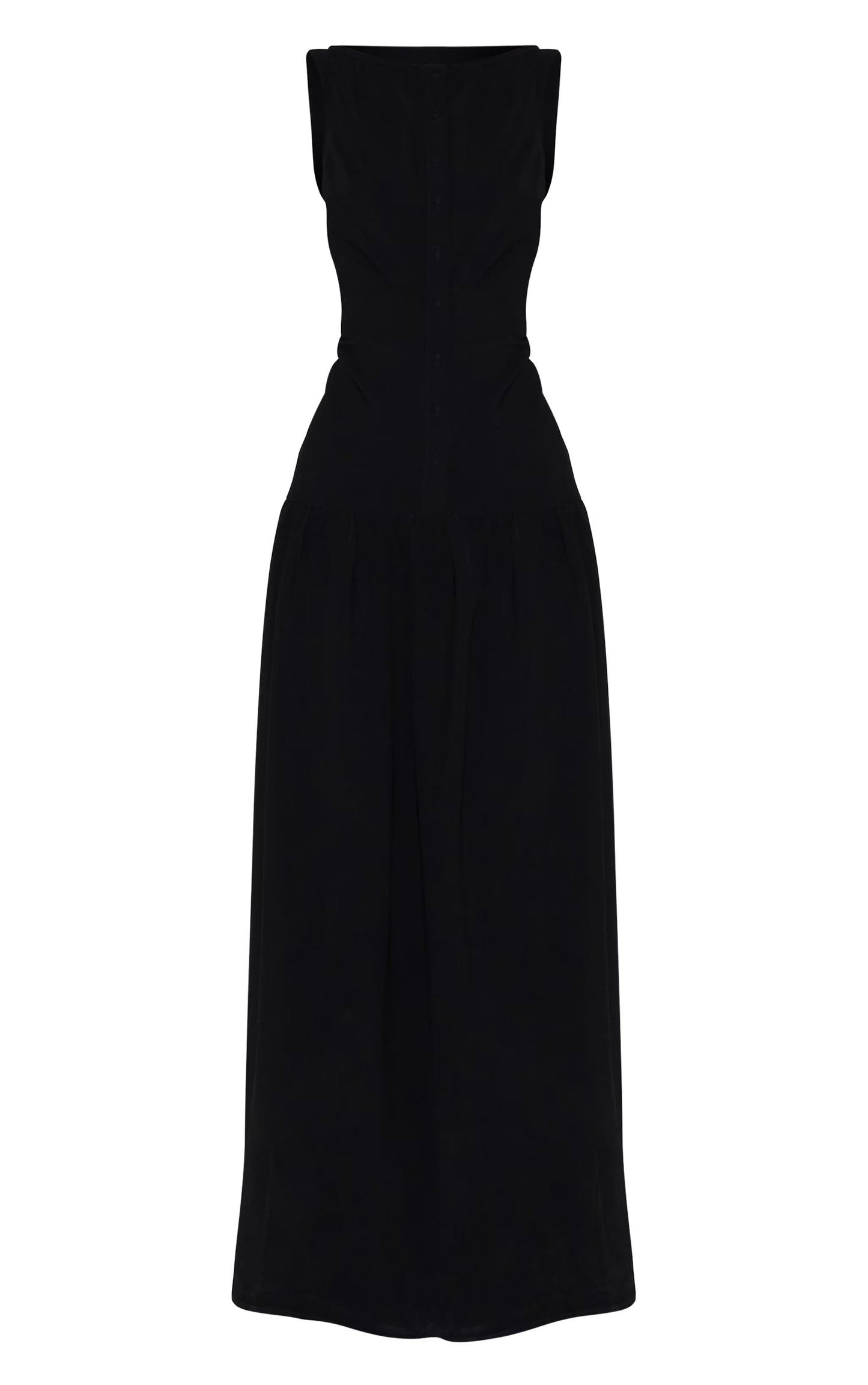 Black Woven Button Dropped Waist Maxi Dress