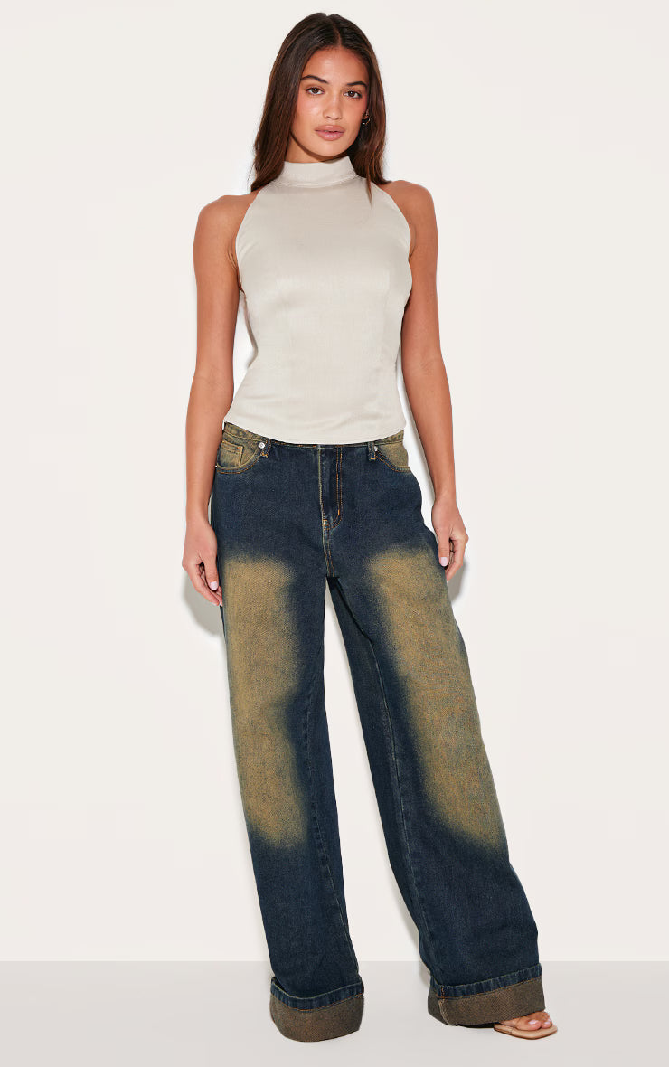 Mushroom Woven High Neck Tie Detail Top
