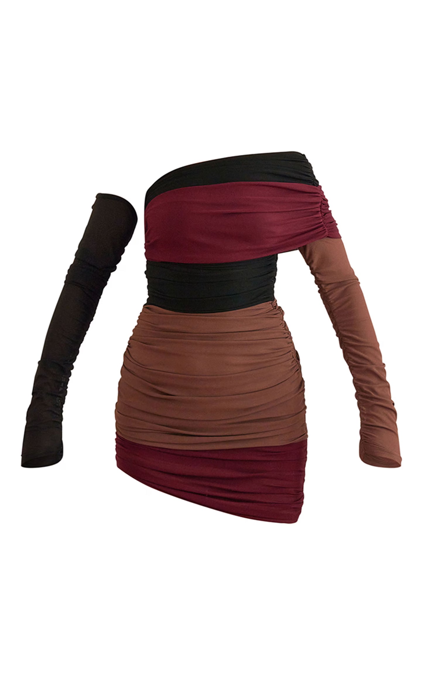PLT Label Burgundy Bandage Mesh Panel Ruched Asymmetrical Bodycon Dress