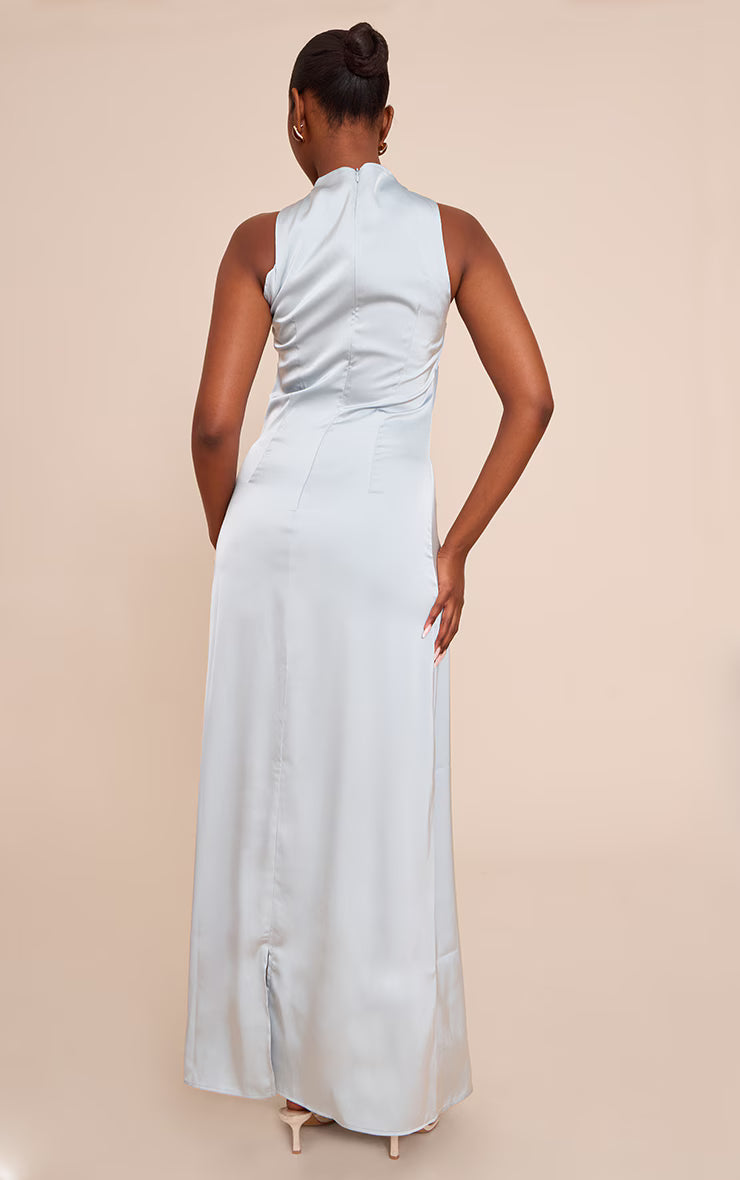 Baby Blue Satin Twist Front Maxi Dress