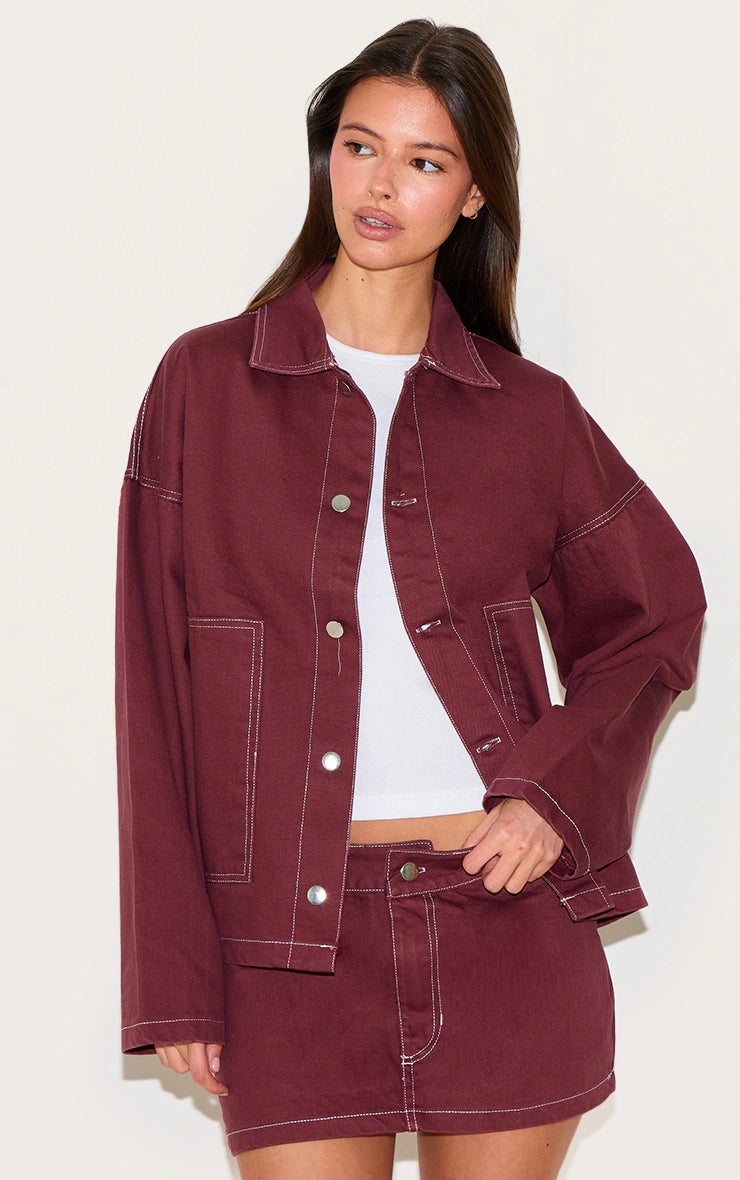 Burgundy Contrast Stitch Pocket Patch Detail Denim Shirt