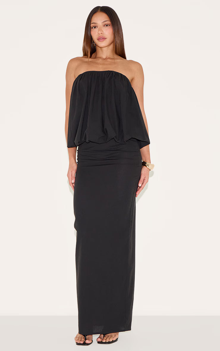 Tall Black Linen Look Ruched Bandeau Top