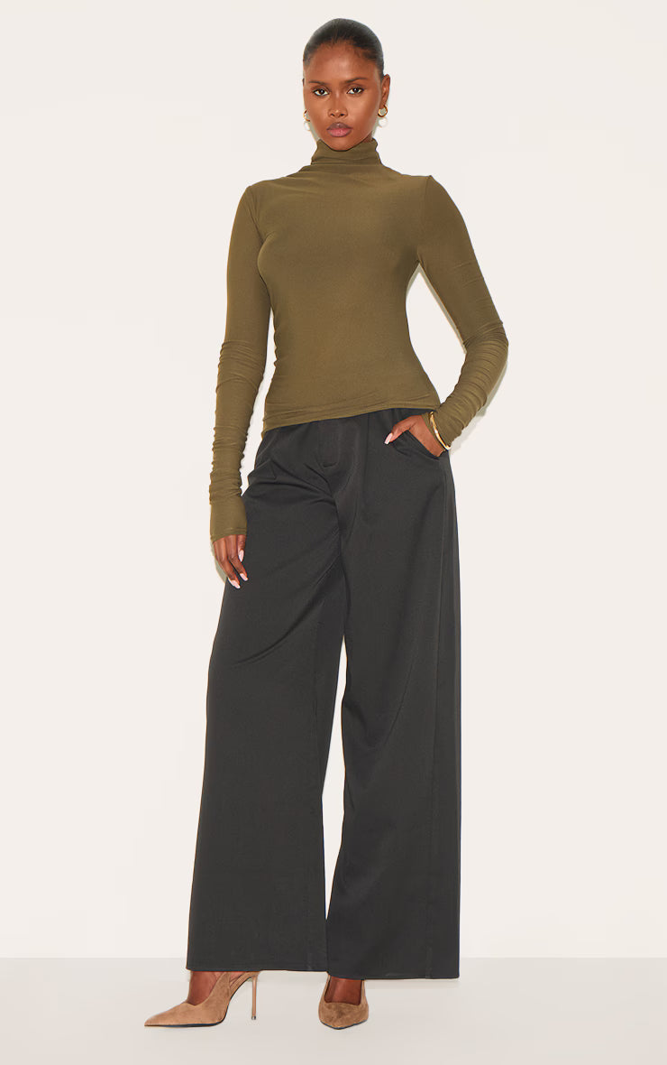Khaki Soft Touch High Neck Ruched Sleeve Top