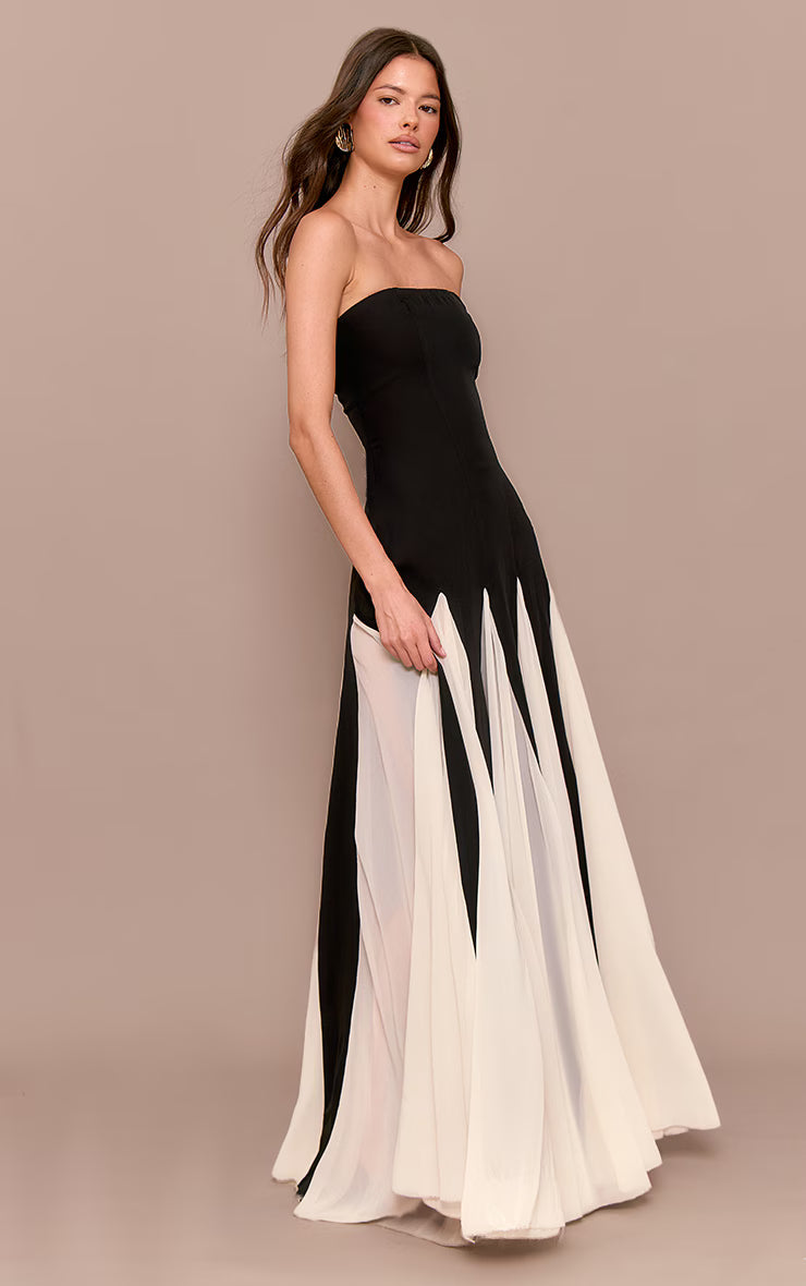 Black Bandeau Contrast Chiffon Pleated Maxi Dress
