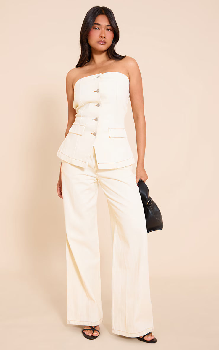 Ecru Strapless Button Down Denim Top