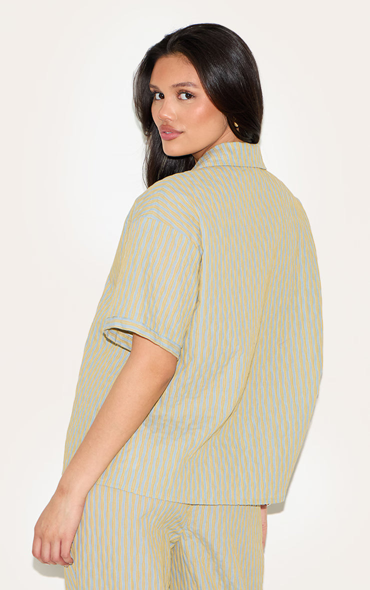 Green Striped Textured Short Sleeve Shirt