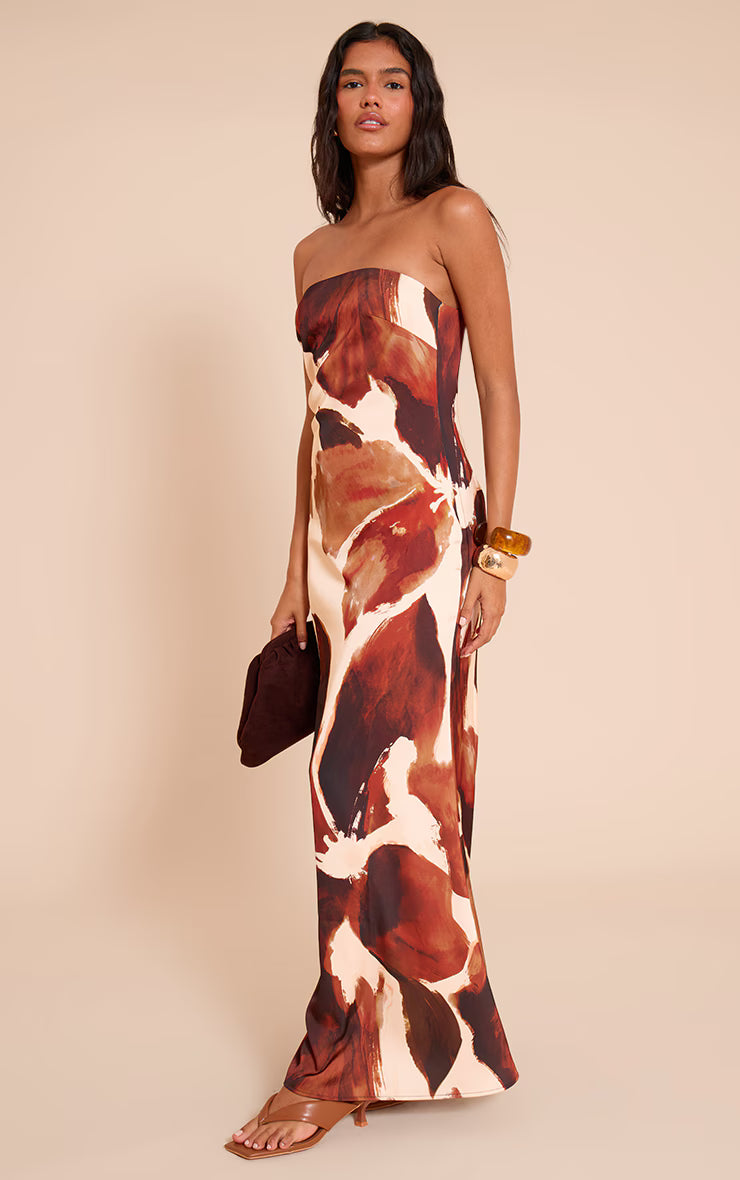 Brown Floral Satin Bandeau Maxi Dress