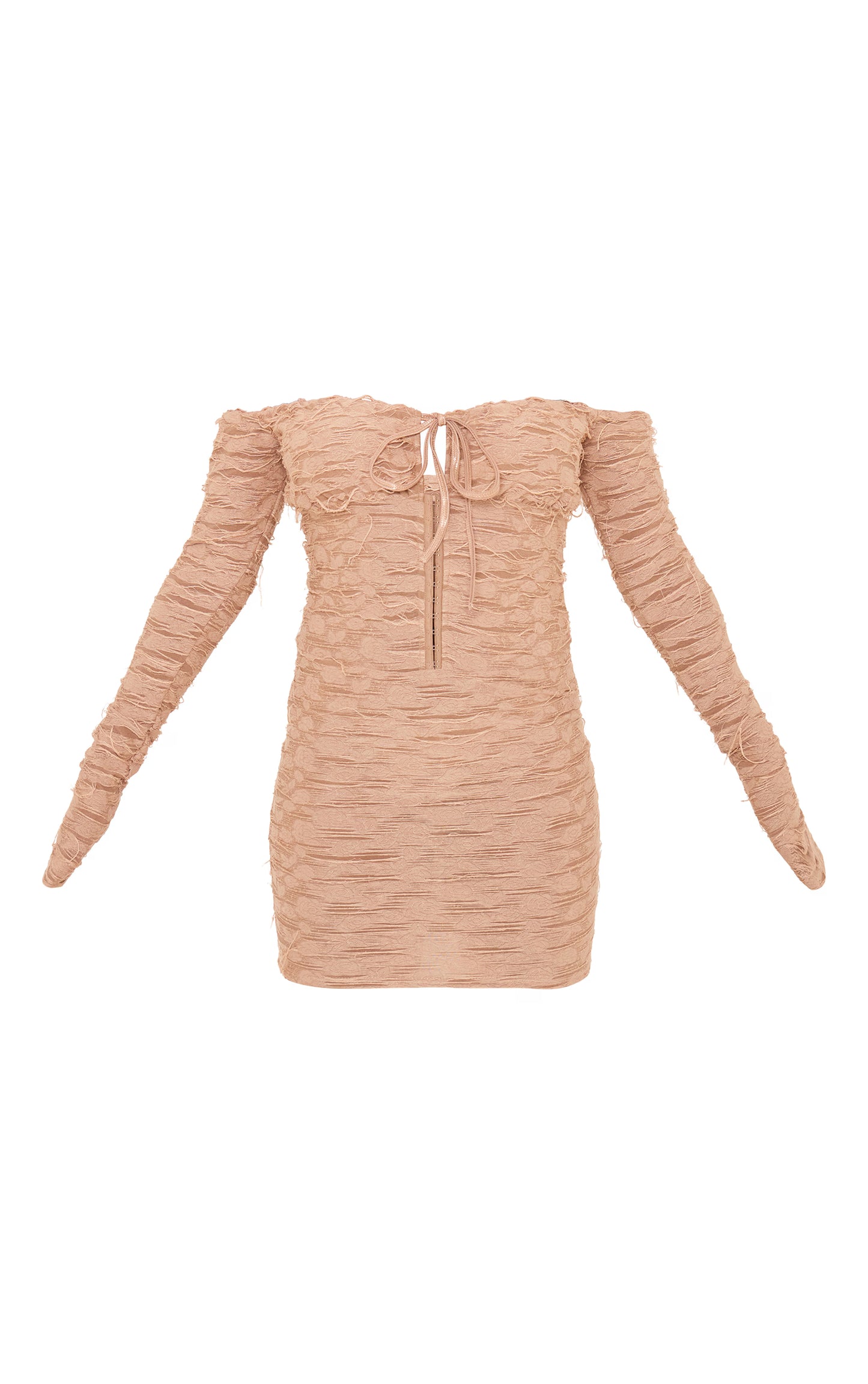 Beige Textured Bardot Long Sleeve Cup Detail Tie Front Mini Dress