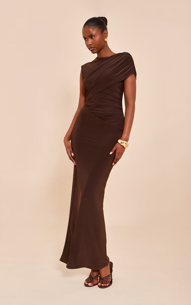 Chocolate Double Layer Slinky Off Shoulder Drape Maxi Dress
