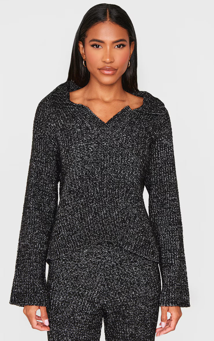 Black Marl Knit V Neck Oversized Sweater