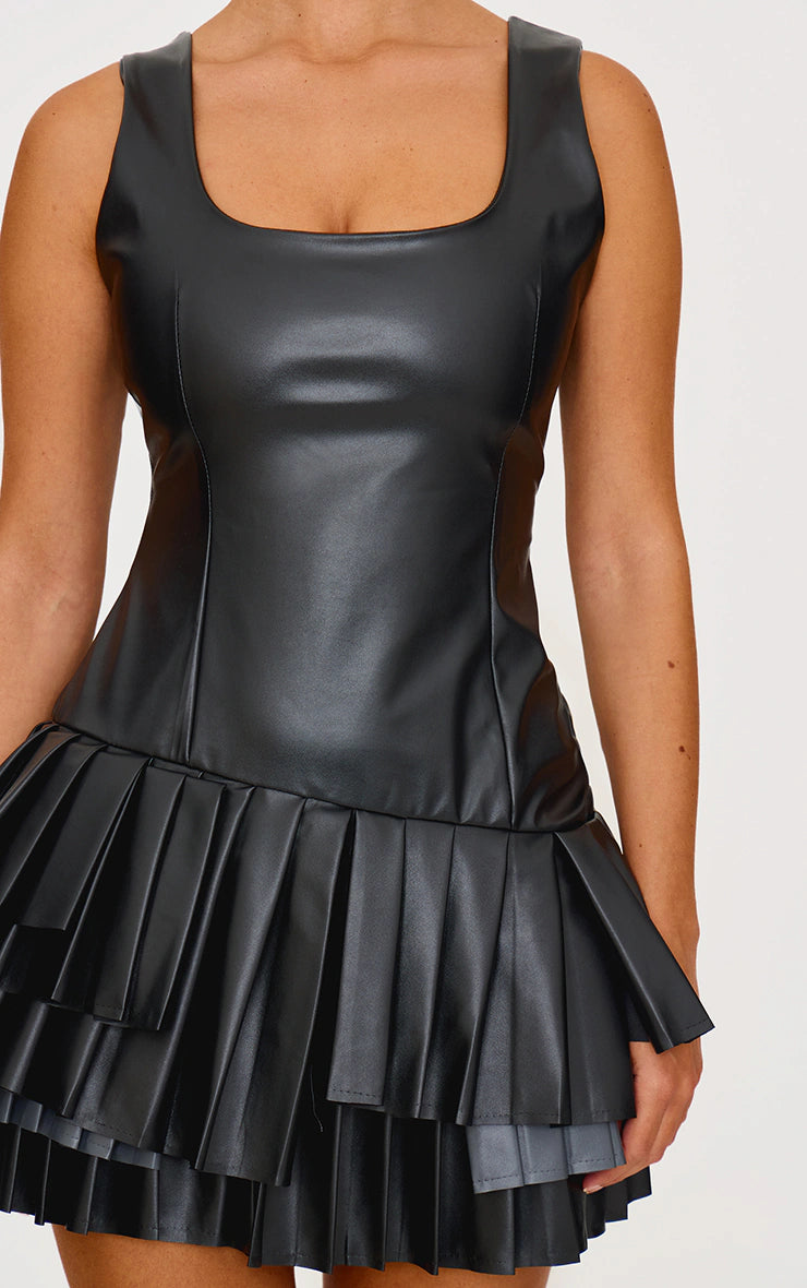 Black Faux Leather Pleated Asymmetric Mini Dress