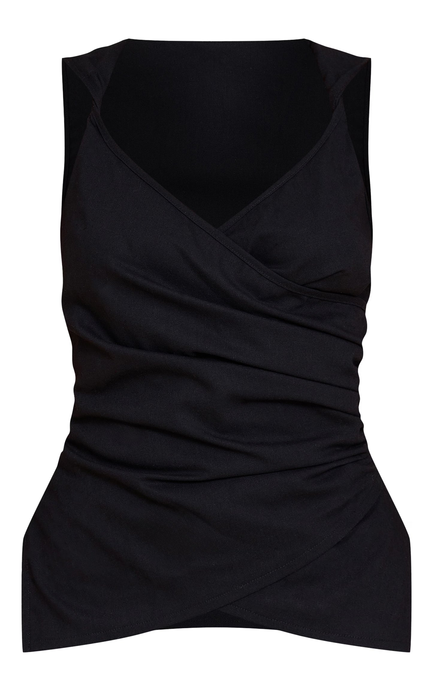 Black Lightweight Woven Ruched Wrap Front Top