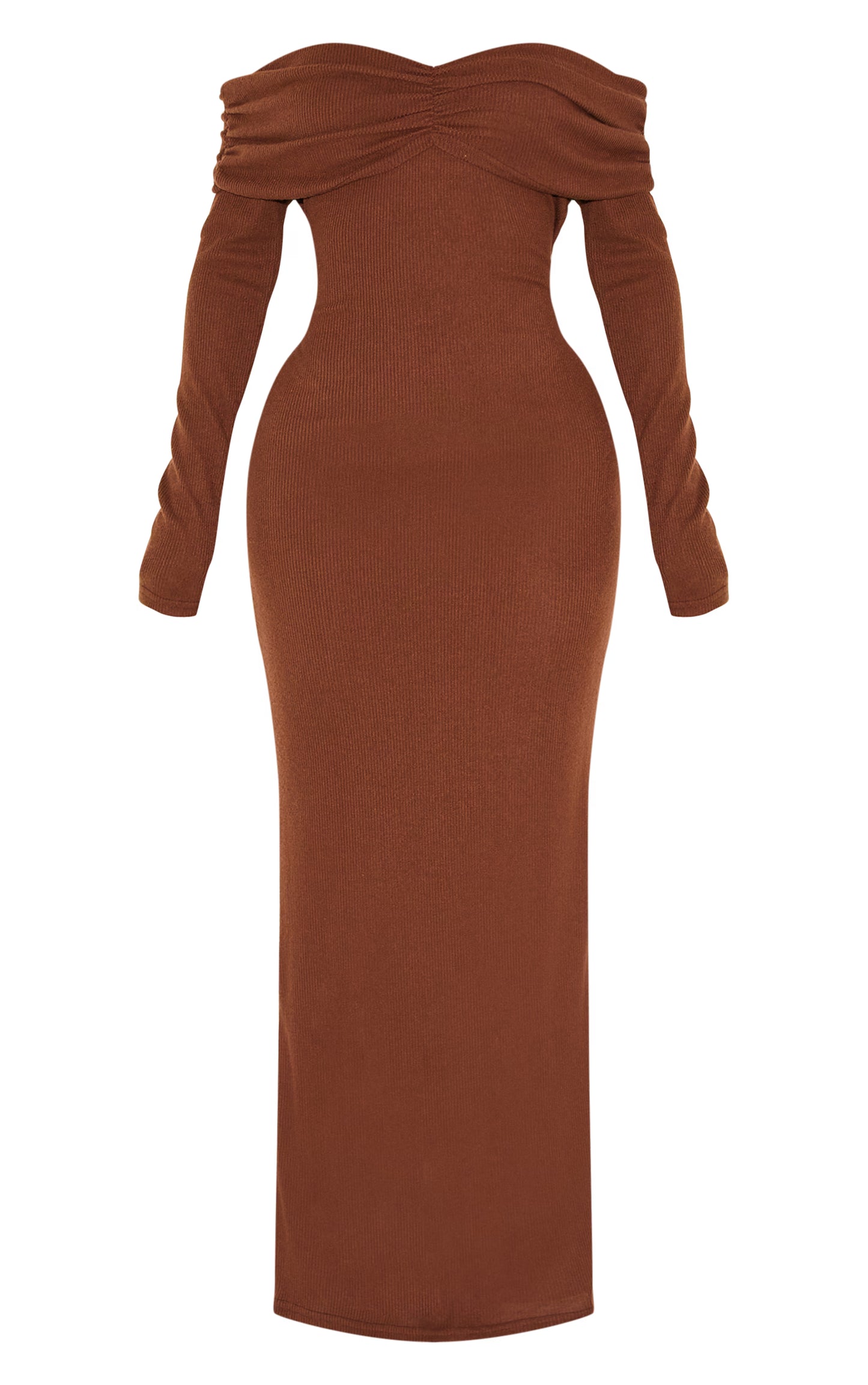 Shape Chocolate Brushed Rib Ruched Fold Over Bardot Maxi Dress