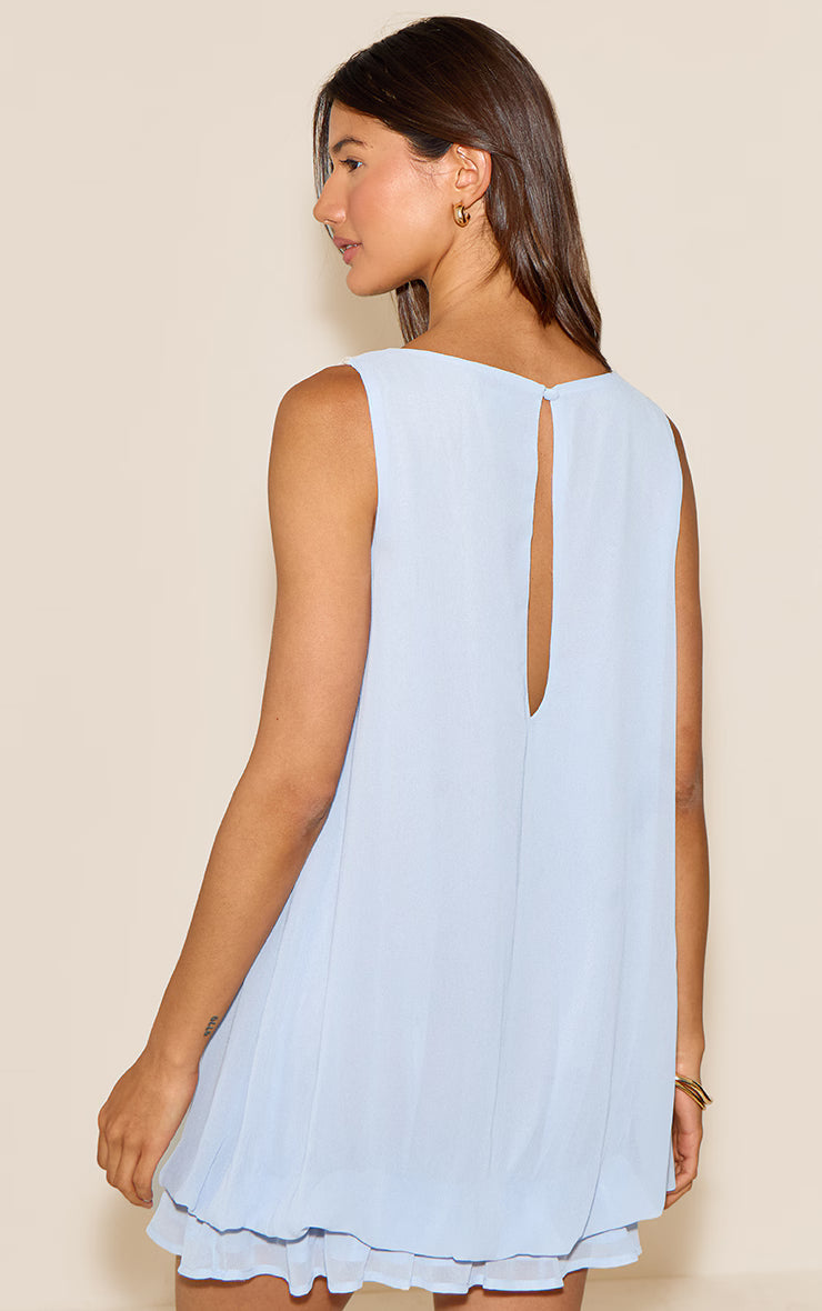 Blue Chiffon Boat Neck Frill Hem Shift Dress