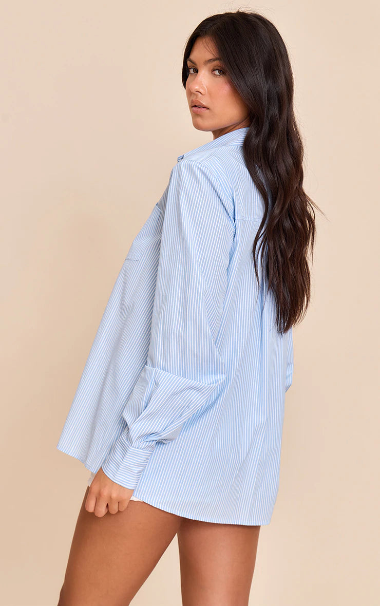Blue Stripe Shoulder Pad Oversized Shirt