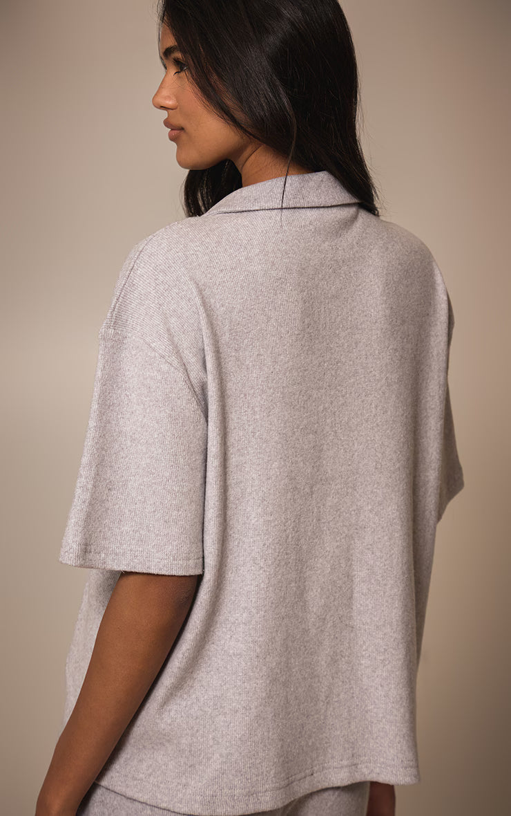 Grey Marl Brushed Rib Button Up Boxy Shirt
