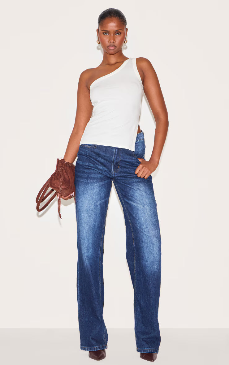Cream One Shoulder Long Vest Top