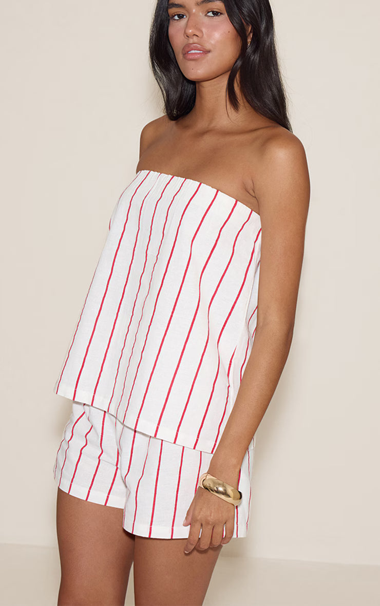 Red Pinstripe Elasticated Bandeau Top